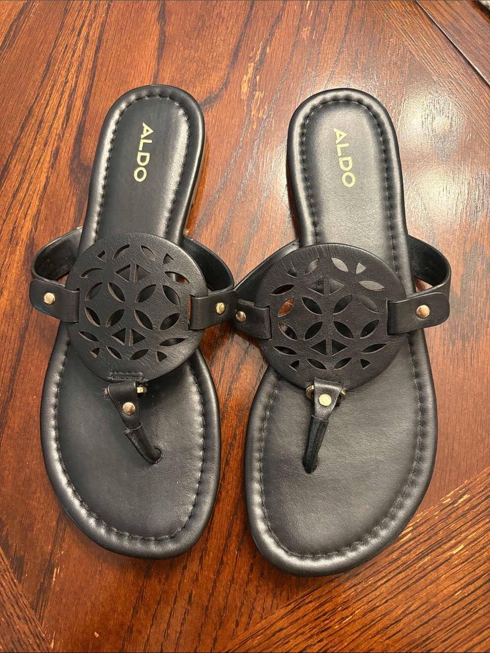 Aldo Black Laser-Cut Medallion Leather Slide Sandals